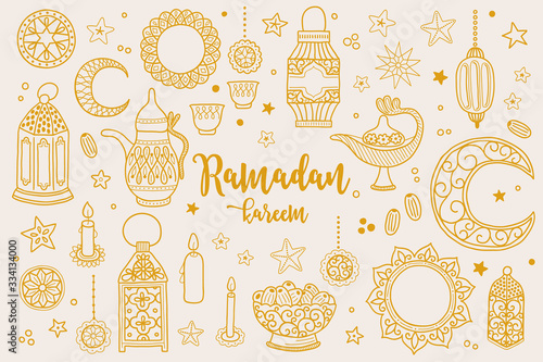 Ramadan design elements - lantern, moon, candle, cup, date fruit, star