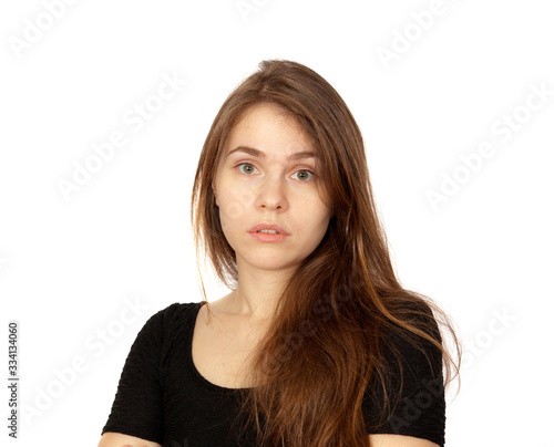 Brown-haired woman portrait with long hair isolated on white