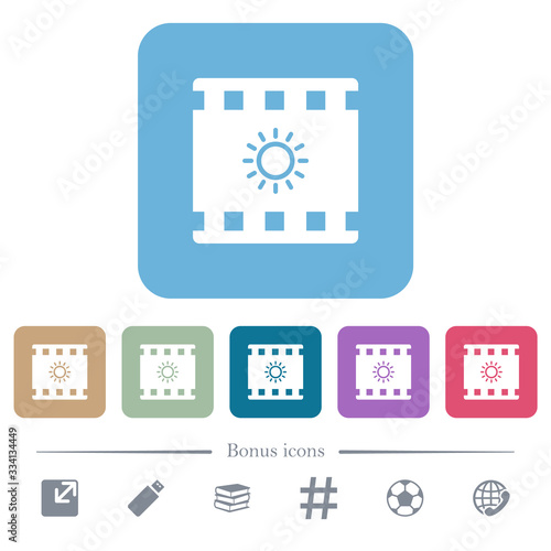 Movie brightness flat icons on color rounded square backgrounds