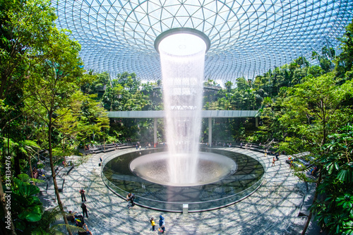 a look in the terminal of the Jewel Changi airport, the big fountain, shooting on a lens a fish eye photo