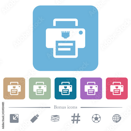 IP printer flat icons on color rounded square backgrounds