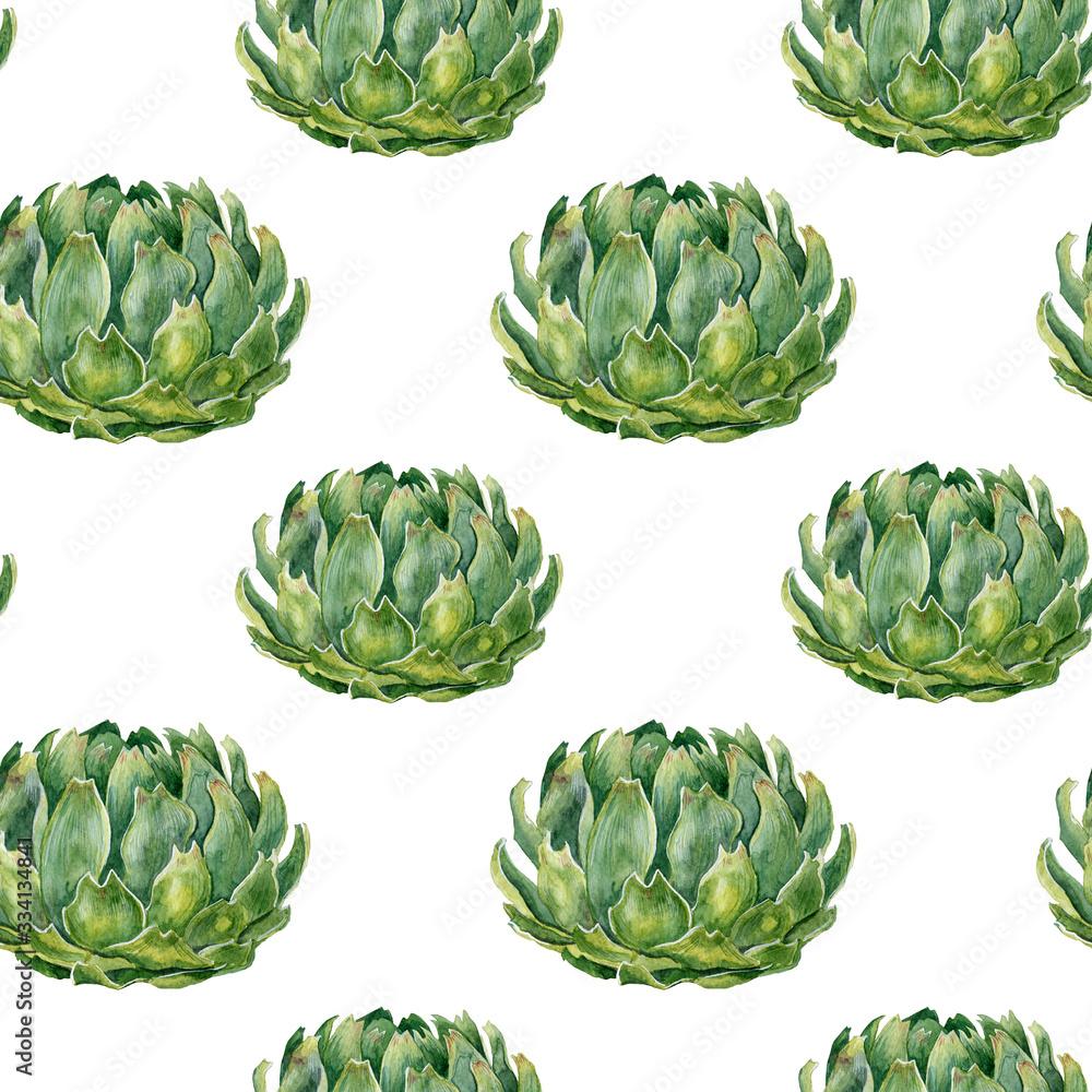 Fototapeta premium Watercolor illustration pattern with green artichoke