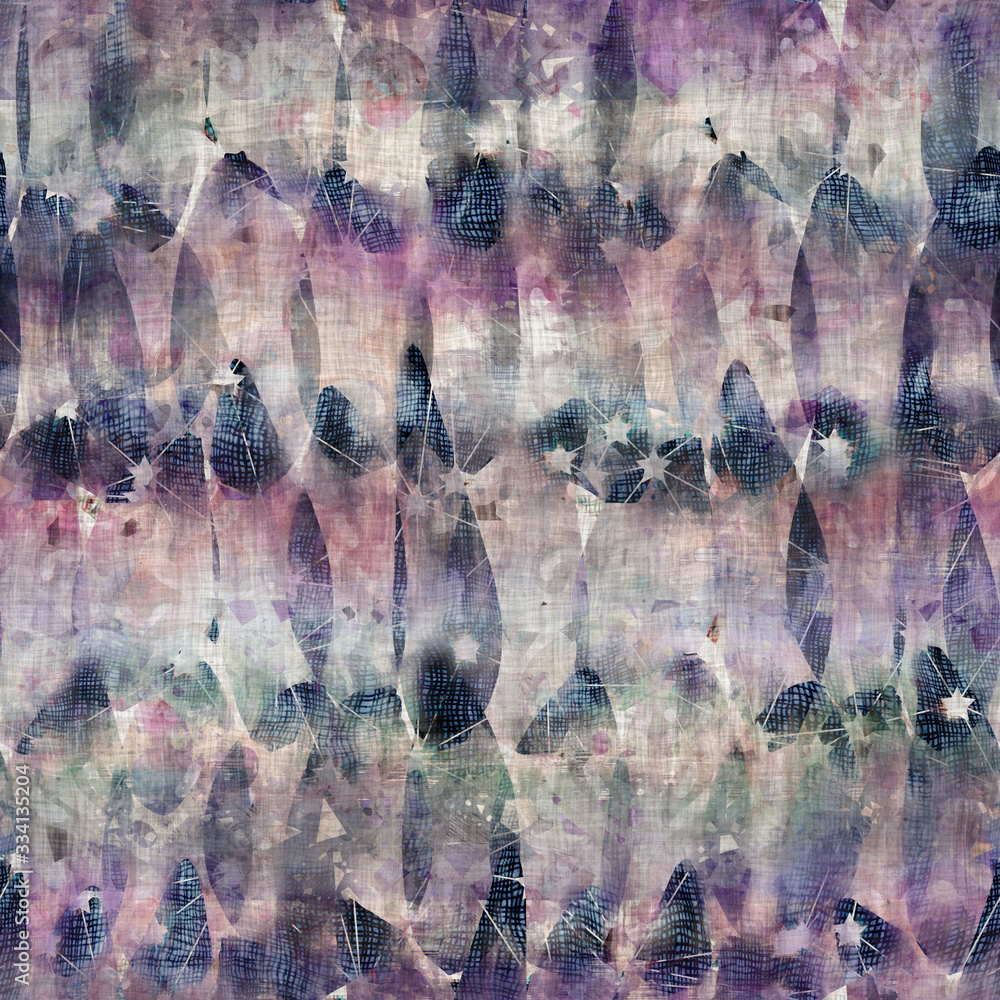 Seamless mixed media collage design in old aged worn look. Flower petal or leaf design overlaid, mottled, and distressed on fabric texture. Seamless repeat raster jpg pattern swatch.