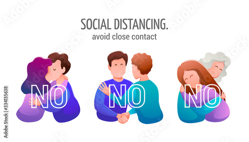 Social distancing. Medical banner flat design. Warning to avoid close contacts - kisses, hugs, handshakes. People and relationships. Vector illustration