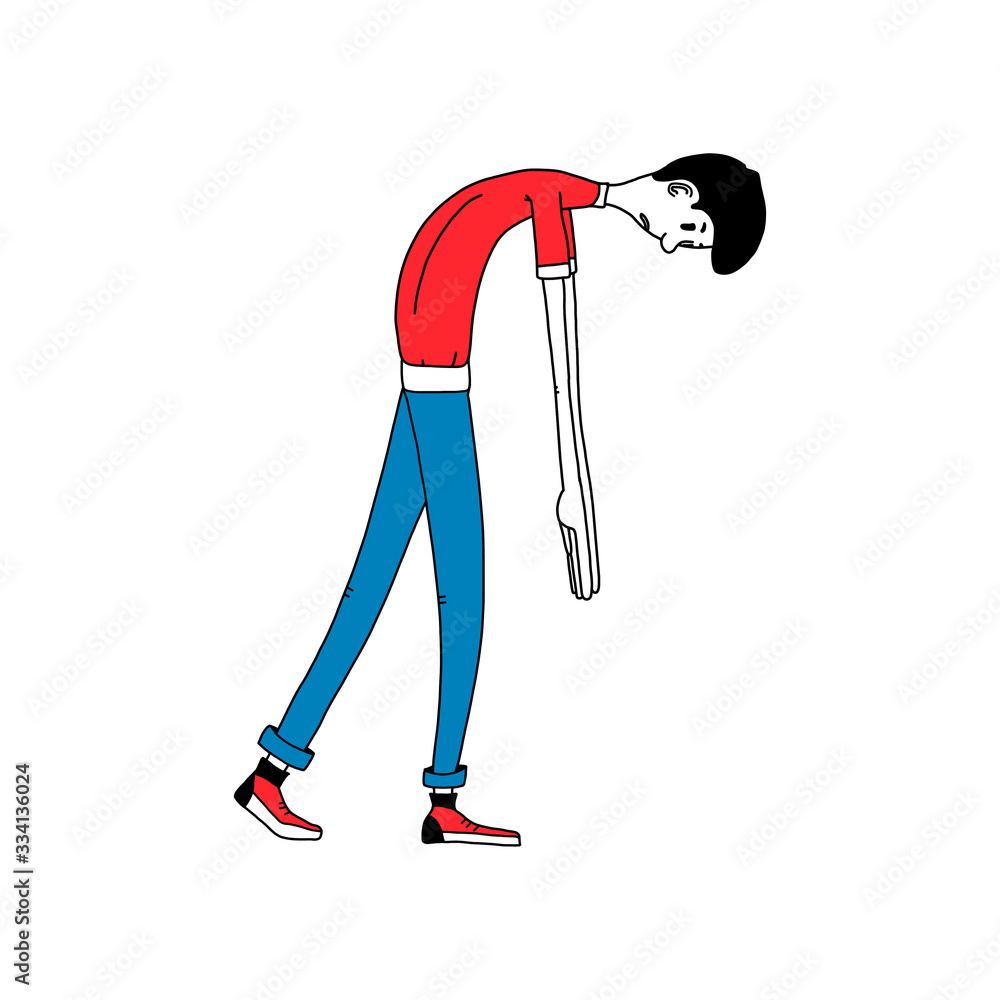 Depression. The frustrated guy walks hunched over with his head down ...