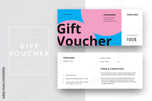 Abstract gift voucher card template. Modern discount coupon or certificate layout with geometric shape pattern. Vector fashion bright background design with information sample text.