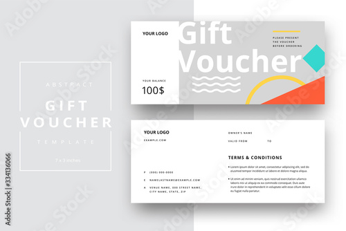 Abstract gift voucher card template. Modern discount coupon or certificate layout with geometric shape pattern. Vector fashion bright background design with information sample text.