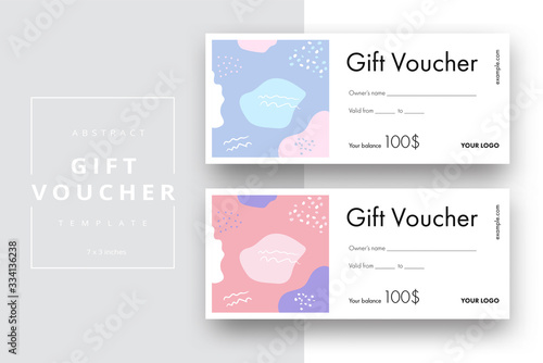 Abstract gift voucher card template. Modern discount coupon or certificate layout with geometric shape pattern. Vector fashion bright background design with information sample text.