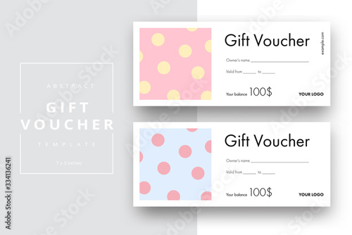 Abstract gift voucher card template. Modern discount coupon or certificate layout with geometric shape pattern. Vector fashion bright background design with information sample text.