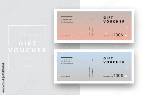 Abstract gift voucher card template. Modern discount coupon or certificate layout with geometric shape pattern. Vector fashion bright background design with information sample text.