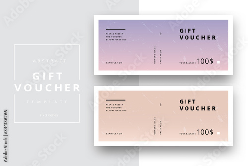 Abstract gift voucher card template. Modern discount coupon or certificate layout with geometric shape pattern. Vector fashion bright background design with information sample text.