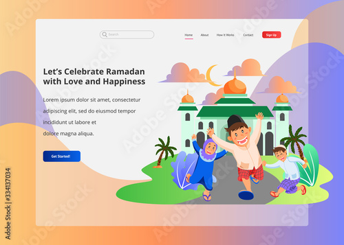 Landing Page Design with Cartoon Vector Illustration Representing Happy Muslim Children to Celebrate Ramadan