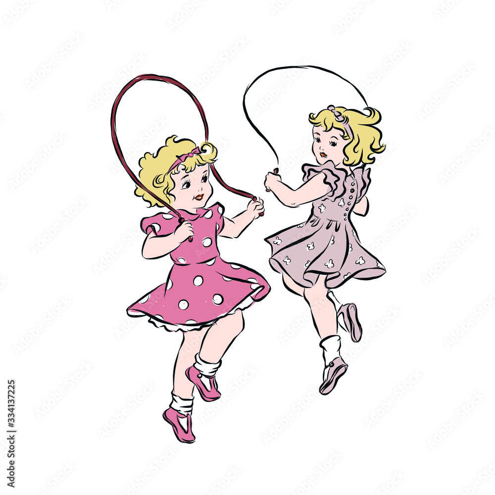Two girlfriends jump on skipping rope. Blonde girls dressed in pink dresses. Children's games in the open air. Exercise using inventory. Two girlfriends jump on skipping rope. Blonde girls dressed in pink dresses. Children's games in the open air. Exercise using inventory.