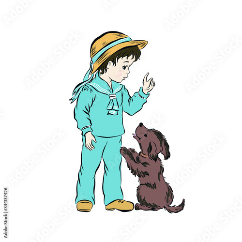 Boy with dog. Child dressed in straw hat, blue suit. 
