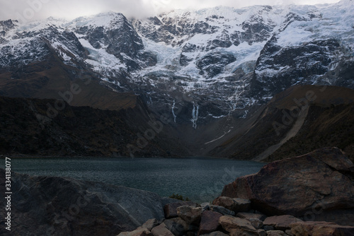 Huamantay Lake with snowcapped Huamantay Mountain in the background, Salkantay Trek, Peru