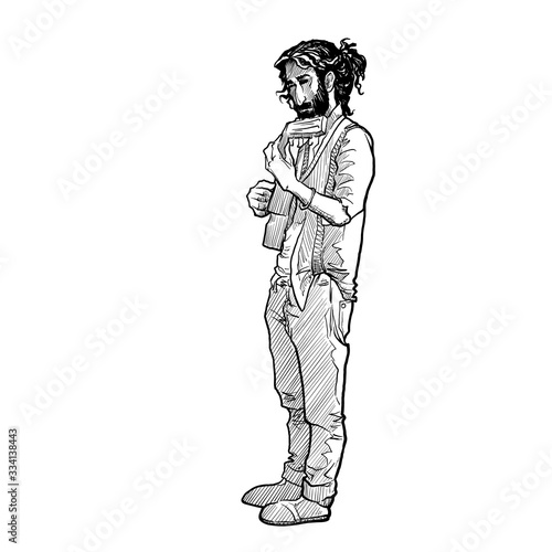 Fototapeta Naklejka Na Ścianę i Meble -  Young white man with long hair playing guitar. Full body side view. Linear sketch style drawing isolated on white background. EPS10 vector illustration.