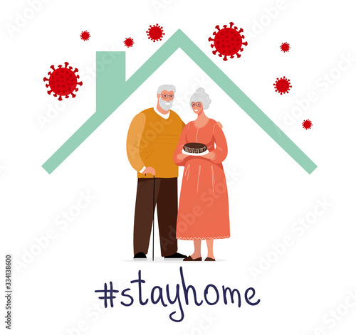 CoVID-19 Spread of the virus. New Coronavirus 2019-nCoV Positive quarantine self-isolation poster. Happy elderly people at home observe quarantine and self-isolation. Protective measures for the