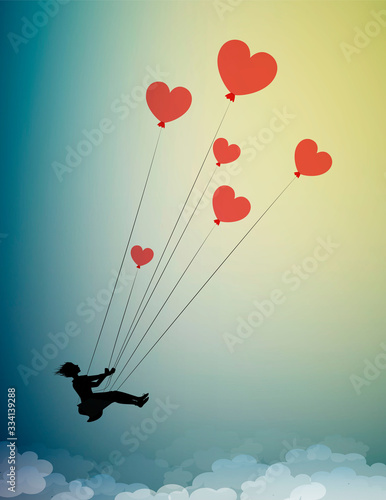 in love concept, girl silhouette holds the red heart shaped balloons and flying up to the sky, dreamer concept, shadow story