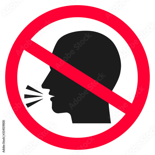 Silence please label. No talking, chatting pictogram. Speaking not allowed circle sign. Isolated vector illustration with man head silhouette.