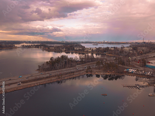 The road between the islands. Helsinki Aerial top down drone shot. 2020 March