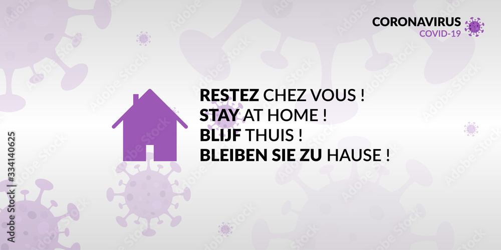 Fond d'écran/bannière restez chez vous multilingue (Français, Anglais, Néerlandais, Allemand). Design et couleurs flat - Violet Fond d'écran/bannière restez chez vous multilingue (Français, Anglais, Néerlandais, Allemand). Design et couleurs flat - Violet