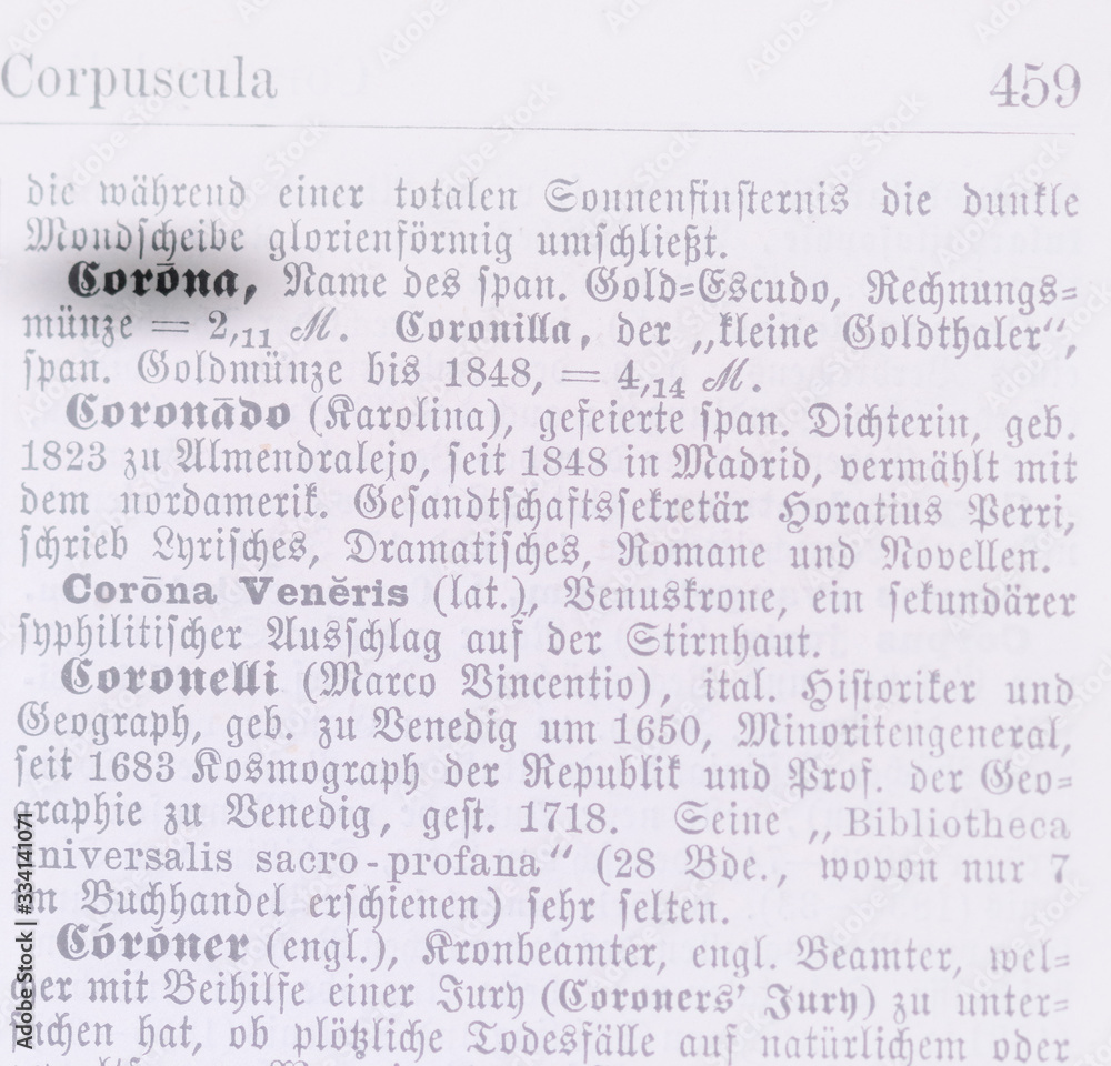 the word Corona is marked in an old German lexicon