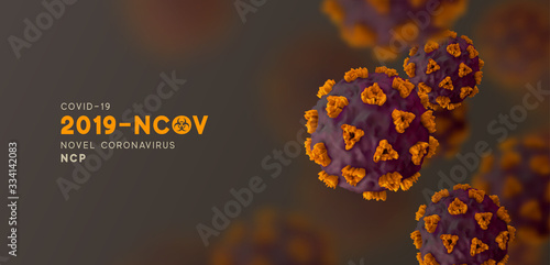 Novel Coronavirus (2019-nCoV). Virus Covid 19-NCP. Coronavirus nCoV denoted is single-stranded RNA virus. Background with realistic 3d violet and orange viruses cells. SARS-CoV2. vector illustration.