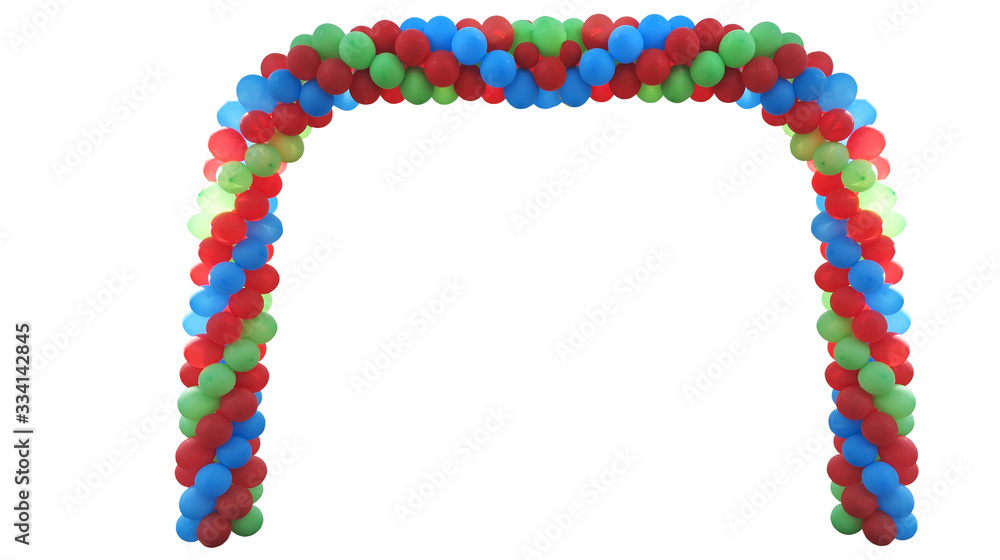 Event arch of red, green, blue, yellow baloons isolated on white background