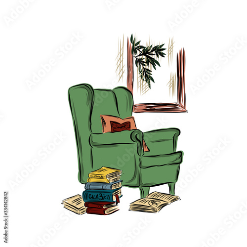 Green armchair with a stack of books by the window in the room. Interior item. Upholstered furniture. 