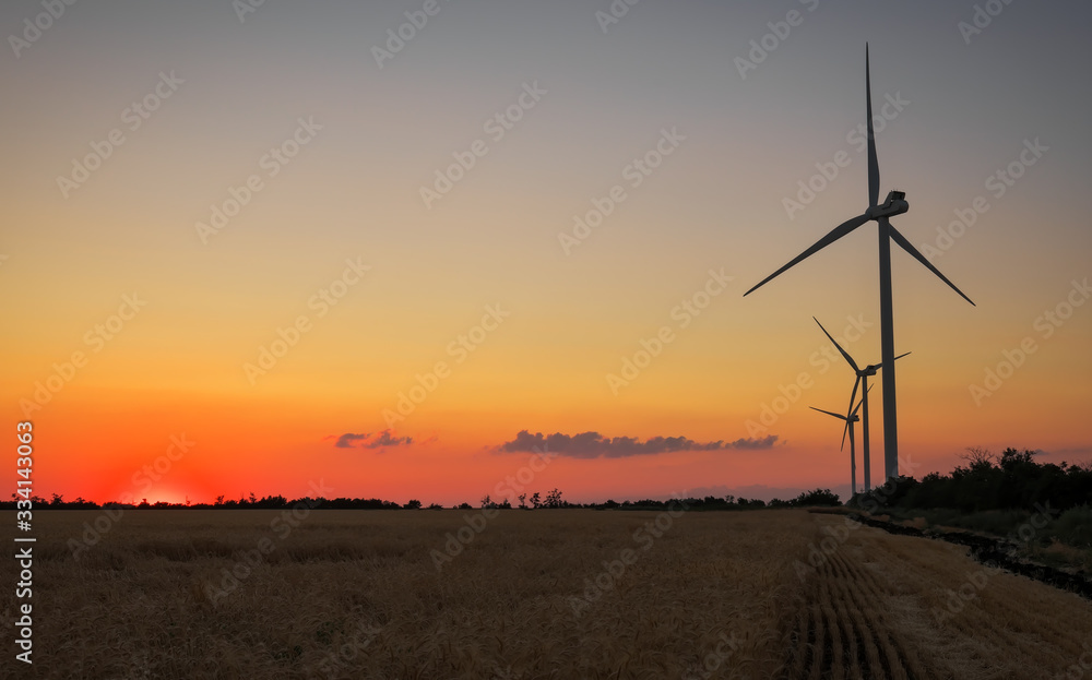 Obraz premium Turbiny wiatrowe i pola uprawne w letni dzień. Produkcja energii, czysta i odnawialna energia.