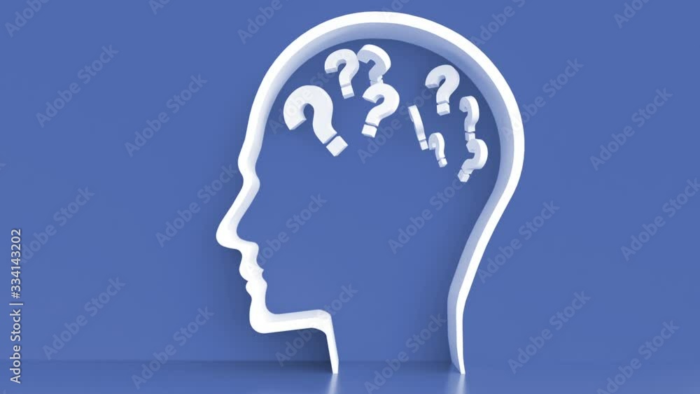 Moving Questionmarks in Human Head outline in front of a color wall background. Business Psychology concept Moving Questionmarks in Human Head outline in front of a color wall background. Business Psychology concept