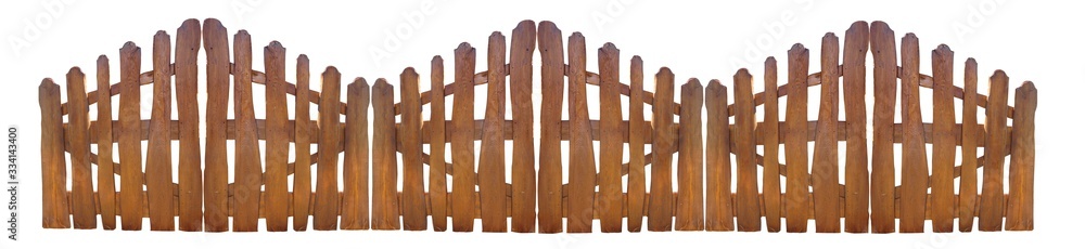 Old brown wooden wave vintage fence isolated on white background