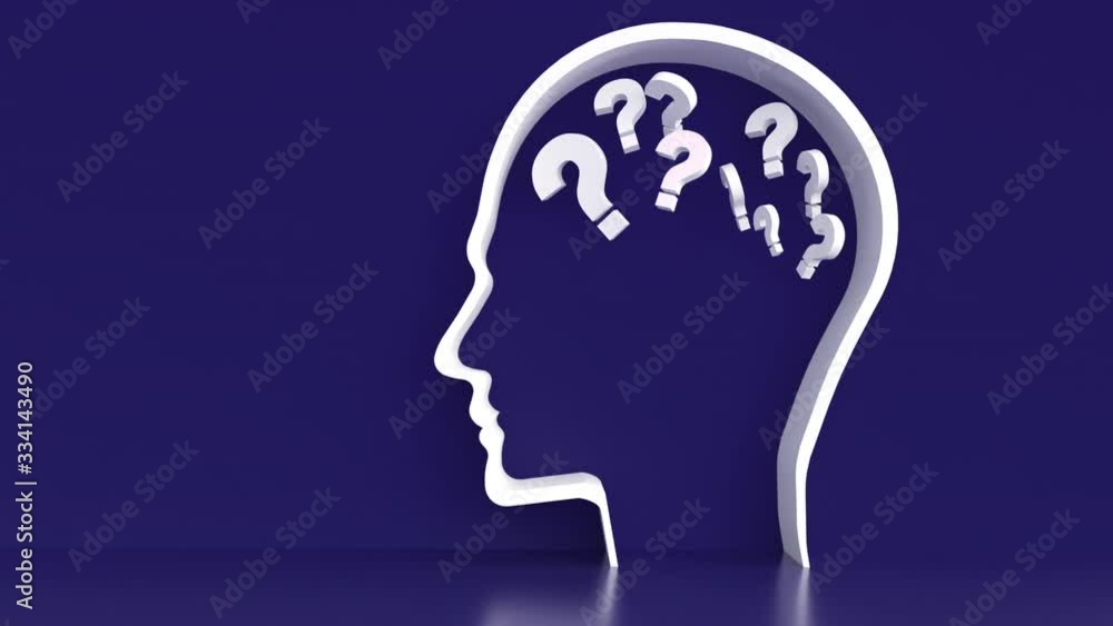 Moving Questionmarks in Human Head outline in front of a color wall background. Business Psychology concept Moving Questionmarks in Human Head outline in front of a color wall background. Business Psychology concept