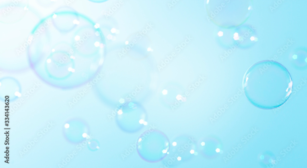 Abstract Beautiful Transparent Blue Soap Bubbles Background. Soap Sud Bubbles Water	