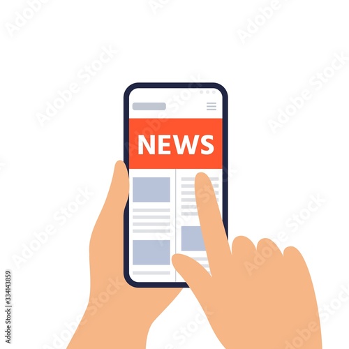 Reading news on a mobile phone. Smartphone with newspaper, news site. Vector flat design elements for web banner, website, infographic.