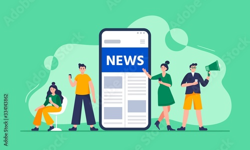 Online news concept. Modern young men and women use smartphones to read the news. People standing near a big smartphone with the news page. Vector flat concept illustration for banner, sites, apps. photo