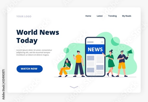 A landing page with an online news concept. Modern young men and women use smartphones to read the news. People standing near a big smartphone with the news page. Vector flat illustration.