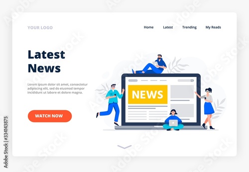 A landing page with concept reading online news. Modern young men and women use smartphones to read the news. Use mobile phones. tablet and laptop to read the news. Vector flat illustration.