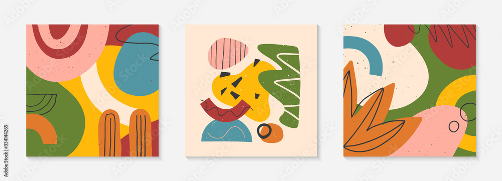 Obraz premium Set of creative universal artistic cards.Modern vector illustrations with hand drawn organic shapes and textures.Trendy contemporary design for prints,flyers,banners,brochures,invitations,covers.