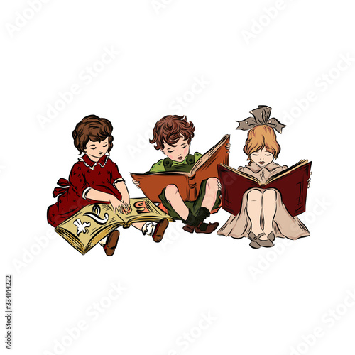 Two little girls and boy read books sitting on the floor together. Infant age. Clever kids. 
