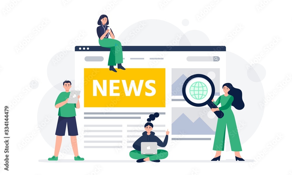 News page concept with people. Modern young men and women use smartphones to read news. Use mobile phones. tablet and laptop to read news. Vector flat concept illustration for banner, sites, apps.