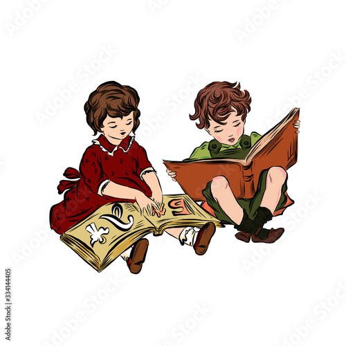 Little girl and boy read books sitting on the floor together. Infant age. Clever kids. 