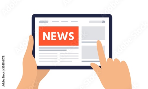 Reading news on a digital tablet. Tablet with newspaper, news site. Vector flat design elements for web banner, website, infographic.
