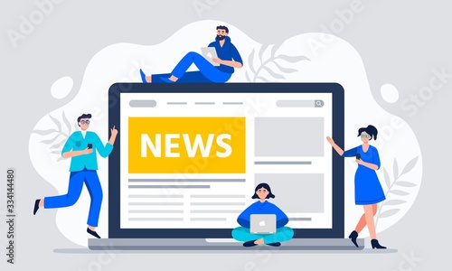 Online news. Modern young men and women use smartphones to read news. Use mobile phones. tablet and laptop to read news. Vector flat concept illustration for banner, sites, apps.