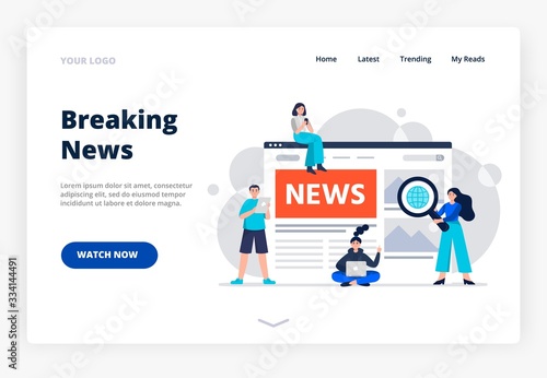 A landing page with a news page concept with people. Modern young men and women use smartphones to read the news. Use mobile phones. tablet and laptop to read the news. Vector flat illustration.