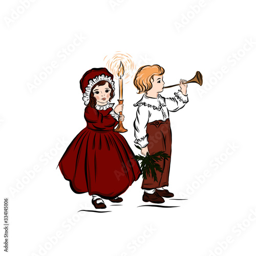 Boy and girl celebrate Christmas. Girl dressed in red ball gown holds candlestick with burning candle. Boy play in trumpet music. Children in folk costumes. 