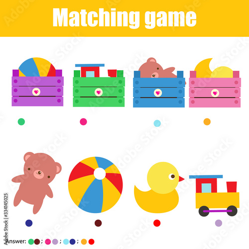 Educational game for children, kids activity. Match toys with boxes
