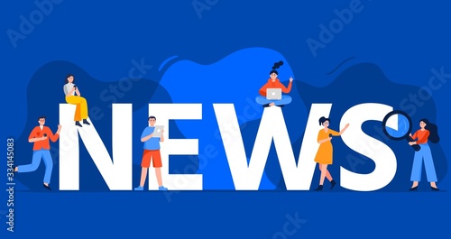 Online news concept. Modern young people using a laptop, tablet and mobile smartphone to read online news. Vector flat illustration with people standing next to the big word News.