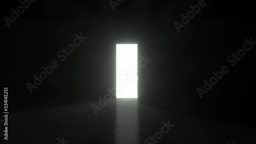 Light shines from door opening in dark room. Fills the space with bright white light in 4K resolution. 3D render animation   photo