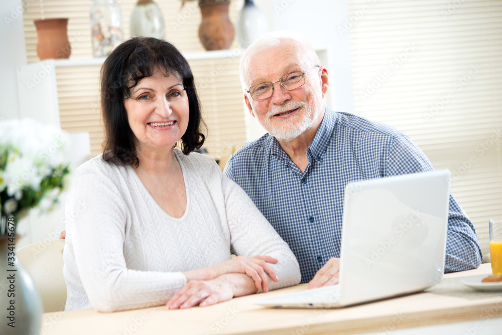Happy elderly couple with laptop smiling at camera Happy elderly couple with laptop smiling at camera
